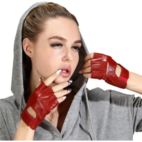 Red Genuine Leather Gloves Pure Real Sheepskin Semi-Fingers Gloves Motor Street Dance Rock Punk Half Finger Woman Driving Gloves