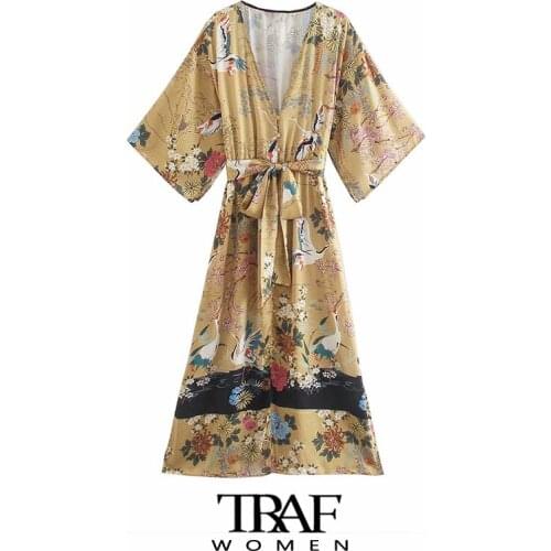 TRAF Za Women Fashion With Belt Crane Print Midi Kimono Dress Vintage Three Quarter Sleeve Split Hem Female Dresses Mujer