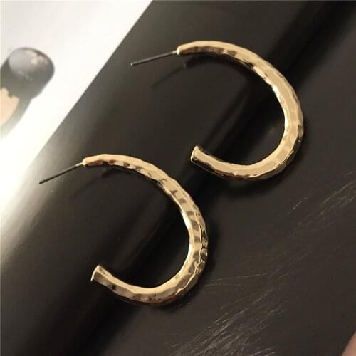 Casual Gold Color Hammered Rough Hook Shape Earrings For Women Girl Basic Simple Hoop Jewelry