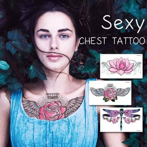 Sexy Waterproof Temporary Tattoos Lace Watercolor Flower Tattoo Sticker Transfer Stuff Fake Stickers Wing Necklace Body Art 3d