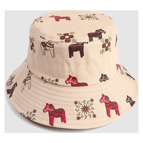 Women Fisherman Hat Cute Trojan Flower Cartoon Female Bucket Cap Fashion With Adjustable Rope Eaves Sunscreen Female Bucket Hat