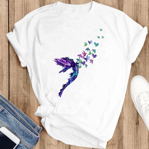Women Graphic Watercolor Feather New 90s Cartoon Fashion Summer Female Clothes Print Short Sleeve Tops Tees Tshirt T-Shirt