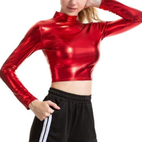 Women Liquid Metallic Long Sleeve Crop Top Punk Turtleneck Holographic T Shirt Cropped Tops For Rave Club Dance Mock Neck Shirt