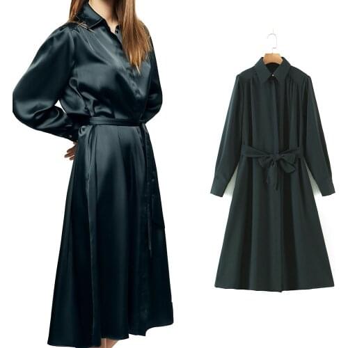 Womens Dress Vintage Za 2021 Fashion Bow Sashes Button Shirt Dress Female Long Sleeve Elegant Mid-Calf Mujer Vestidos