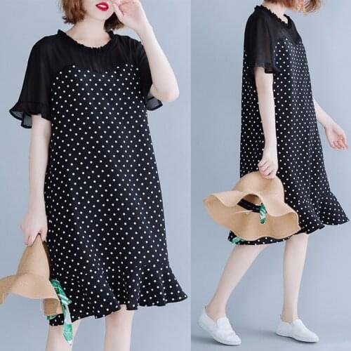 2020 Summer Plus Size Womens Chiffon Dress Straight Wave Dot Loose lotus leaf fishtail Long Female Summer Dresses
