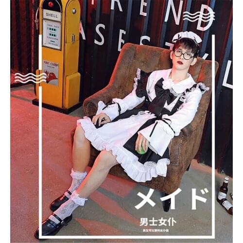 2021 Maid Cosplay Costume Lolita Lace Dress Costume Carnival Halloween Mens Womens Black White Red