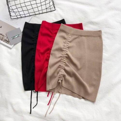 Irregular High Waist Elastic Short Skirt Tight Package Hip Side Drawcord Knitted Mini Skirt Sexy Fashion Street