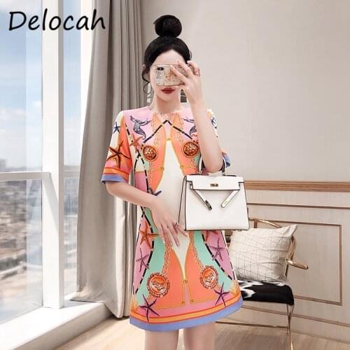 Delocah New 2021 Summer Women Fashion Runway Party Mini Dress Half Sleeve Gorgeous Crystal Beading Vintage Print Dress Vestidos