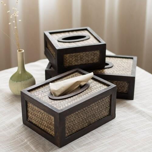 Creative solid wood living room tissue box bamboo braided tray retro paper pumping box rattan wooden napkin tray WF7261145