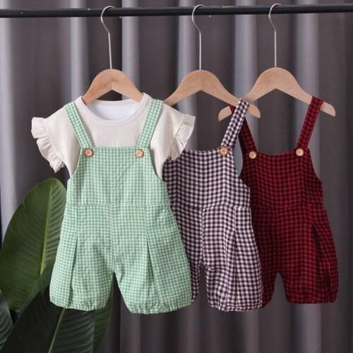 Childrens clothing solid color short-sleeved T-shirt girls summer plaid shorts childrens suit two-piece set