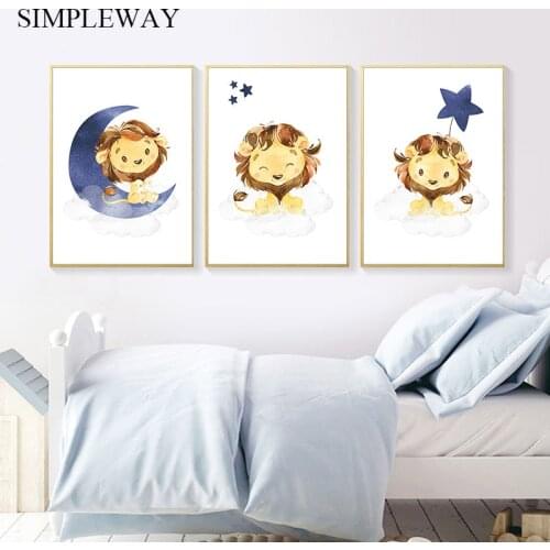 Child Poster Baby Nursery Wall Art Canvas Print Cartoon Animal Lion Moon Star Painting Nordic Kid Boy Bedroom Decoration Picture