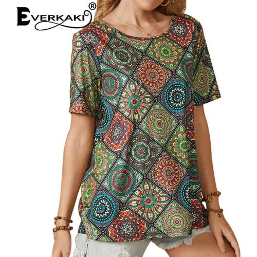 Everkaki Bohemian Print T-shirt Women Summer Beach Loose Casual Tees Ethnic Boho Retro Plus Size Tops T-shirts Female 2021 New