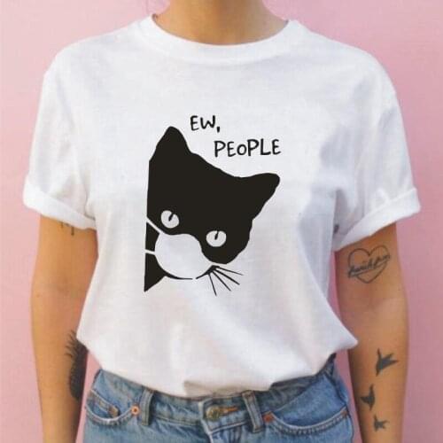 Harajuku EW People Cat Print T Shirt Women Tops Stay At Home T-shirt Short Sleeve Casual Tee Shirt Femme Plus Size Blusas Mujer