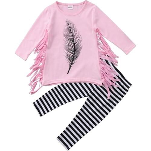 2-7Y Fashion Feather Print Toddler Kid Baby Girl Clothing Set Pink Tassel Long SleeveT shirt Tops+ Striped Pants Legging Outfit