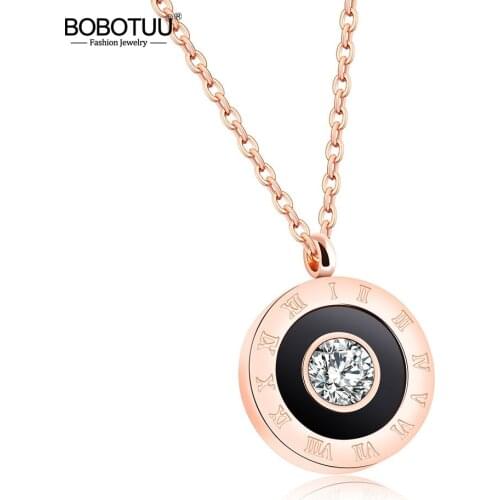 BOBOTUU Rose Gold CZ Crystal Roman Numeral Pendant Necklace For Women Stainless Steel Link Chain Black Acrylic Necklace BN19106