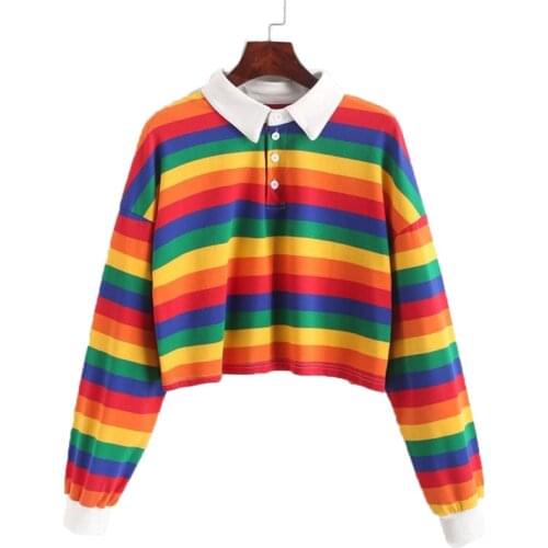 Striped Polo Shirt Women Sweatshirt Rainbow Long Sleeve Hoodies Korean Style Clothes for Teens Y2K Harajuku Streetwear 2021