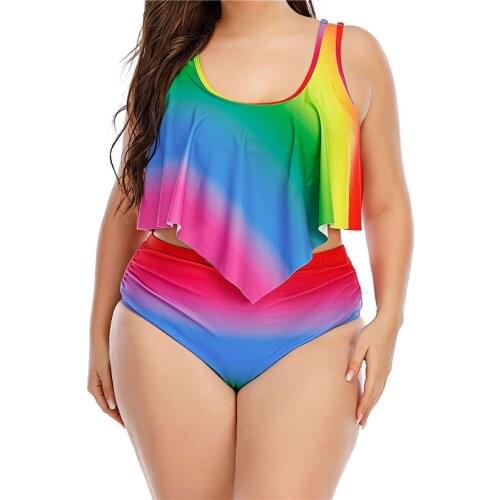 Plus Size 5XL Women Rainbow Printing Swimwear Set Female Gradient U-neck Ruffled Vest+ High Waist Panties Summer Beachwear