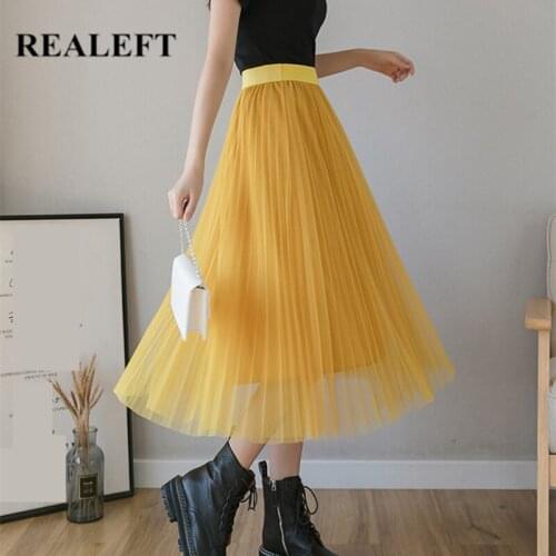REALEFT 2021 Spring Summer New Mesh Pleated Skirt Lady 9 Colors Elegant High Waist Mid-length OL Style Casual Midi Skirts Female