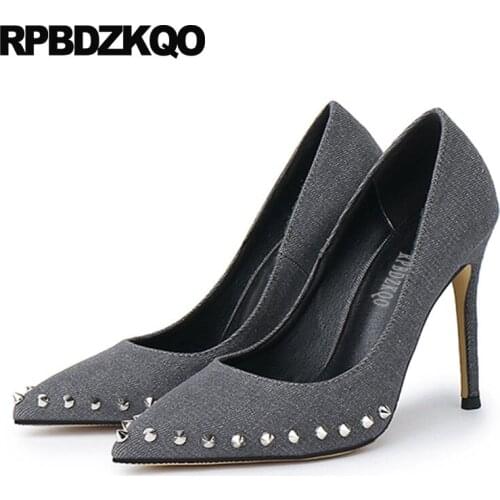 Scarpin new stud high heels gray pointed toe 8cm super denim italian shoes ultra extreme rivet ladies walking pumps big size