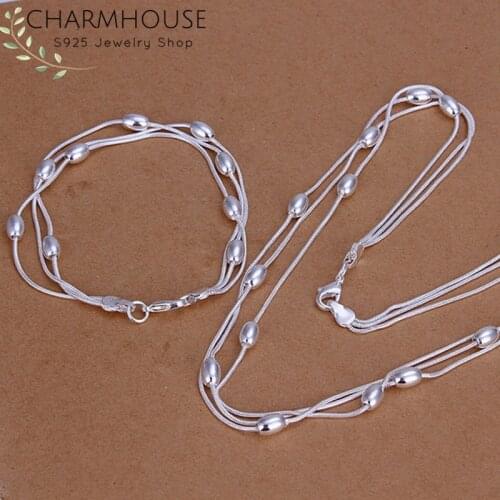 Silver 925 Jewelry Sets for Women Beads Chain Bracelet & Necklace 2pcs Jewelery Set High Quality Jewelry Accessories Bijoux Gift
