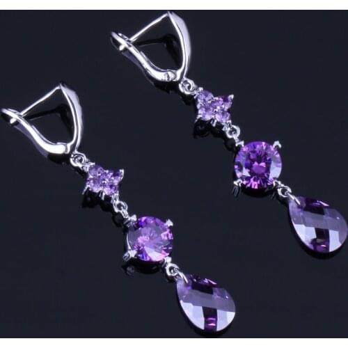 Prominent Water Drop Purple Cubic Zirconia Silver Plated Drop Dangle Earrings V0826