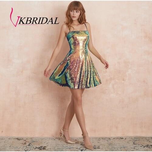 VKbridal Iridescent Sequin Short Prom Gowns Cross Back Evening Formal Wear Multi-Color A Line Homecoming Dresses for Girls 2019