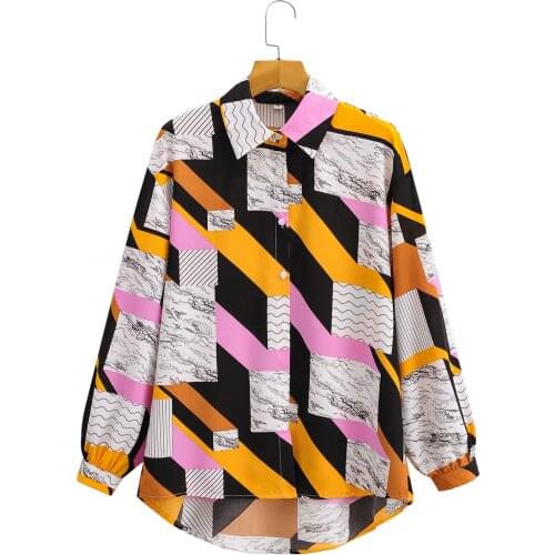 Summer Women T-Shirts Print Color Patchwork Long Sleeve Loose Autumn Casual Female Blouse Streetwear Tops Turn-down Collar C2809