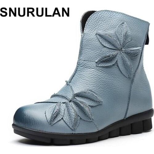 SNURULAN Womens Ankle Boots Soft Flats Shoes Fashion Womens Autumn Winter Genuine Leather Shoes Female Plus Size 40 41E208