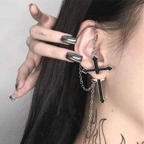 Dark Gothic Stylish Black Cross Stud Earrings For Women 2020 Punk Fashion Vintage Jewelry Long Chain Charming Earrings Femme