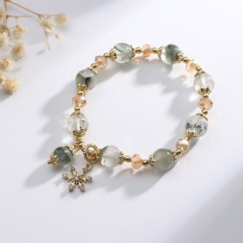 Lucky Snowflake Pendant Natural Green Ghost Crystal Gold Plated Beaded Strand Bracelets for Women Female Fashion Jewelry YBR569