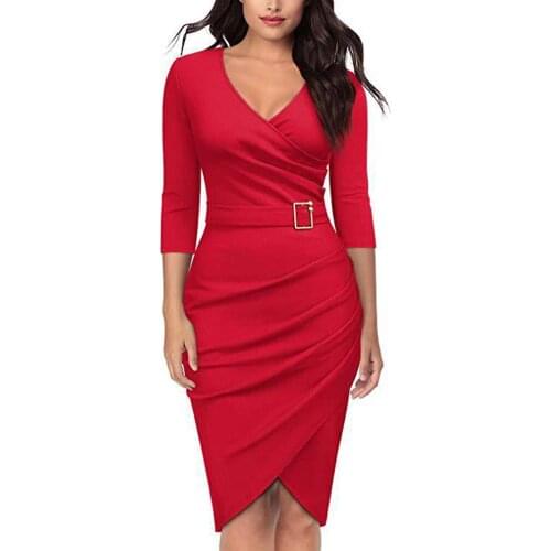 Hot Apparel Summer Autumn Solid Color Women V Neck 3/4 Sleeve High Waist Belted Irregular Pencil Dress