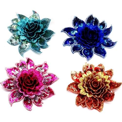 YACKALASI 10 Pieces 3D Sequined Flower Appliques Trims Sewing Apparel Flower Patches Dress Trim 8CM