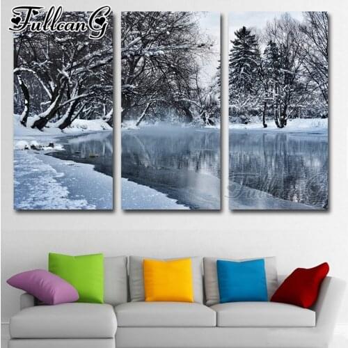 FULLCANG diy large triptych 5d diamond painting winter snow mosaic embroidery sale landscape full square round drill FC2560