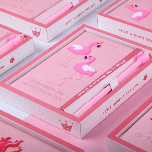 Pink girl heart notebook with pen set cute cartoon flamingo student notepad office notebook notebooks for students