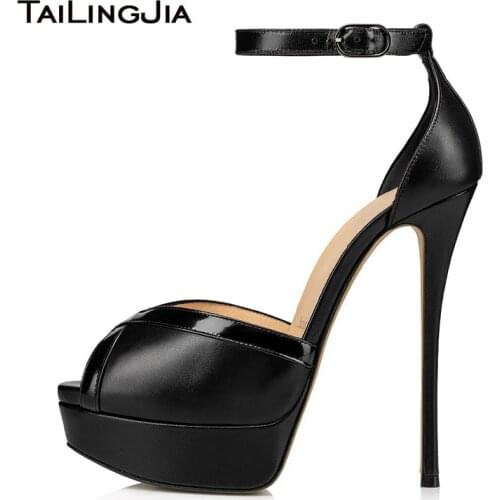 Sexy Peep Toe High Heel Sandals For Women 2020 Black Platform Party Shoes Ladies Silver Heels Ankle Strap Platforms Large Size