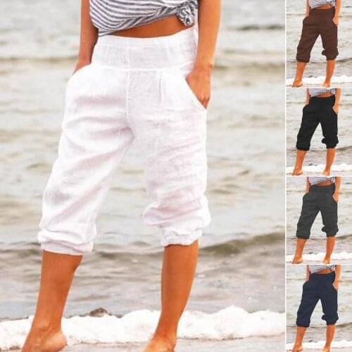 Summer Harem Pants Large Size Solid Color Casual Women Capri Pants Pockets Solid Color High Waist Loose 3/4 Trousers for Daily