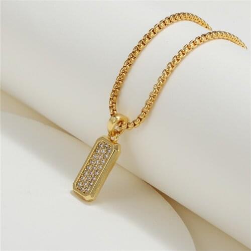 Hip Hop Cubic Zircon Rectangle Pendant Necklace For Men 3 Colors Stainless Steel Box Chain Choker Necklace For Women Jewelry