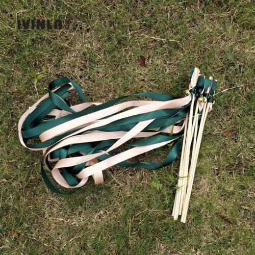 Hot Selling 50pcs/lot green and pink wedding ribbon wands stick with sliver bell for wedding decoration