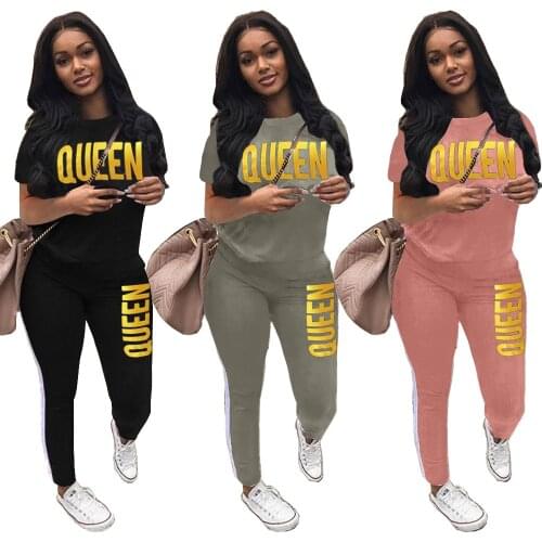 Hot Stamping Queen Letters Print Round Neck Tops and Sweatpants Joggers Women Two Piece Outfits Spring Autumn Tracksuits