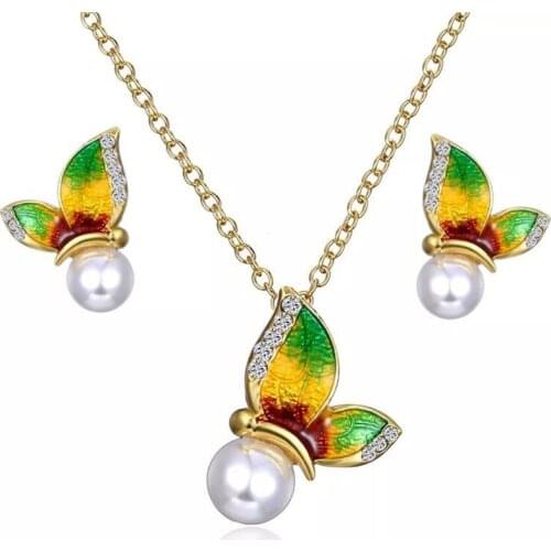 Hesiod Butterfly Animal Jewelry Set Enamel Metal Butterfly Earrings Necklace Imitation Pearls Girls Women Wedding Party Jewelry