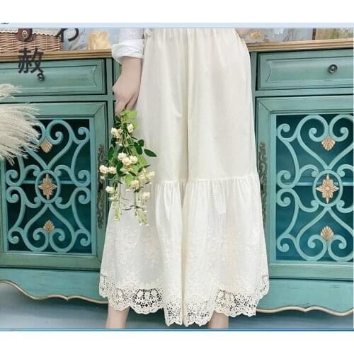 Mori Girl Cotton Lace Wide-leg Pants New Spring Summer Loose High Waist Womens Pants Solid Color