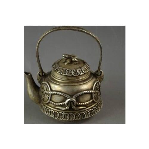 Exquisite Chinese Old Handwork Miao Silver Carve Coin & Frog Lid Get Rich Auspicious Teapot