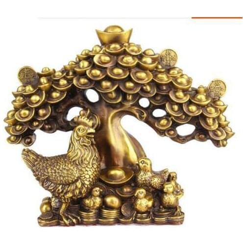 Exquisite Fengshui Brass Wealth Yuanbao MoneyCoinTree Chicken Chicks Statue RT