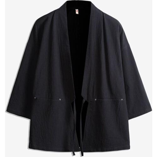 Chinese Style Robe Men Solid Color Loose Cardigan Windbreaker Plus Size Casual Mens Cotton Linen Thin Retro Jacket