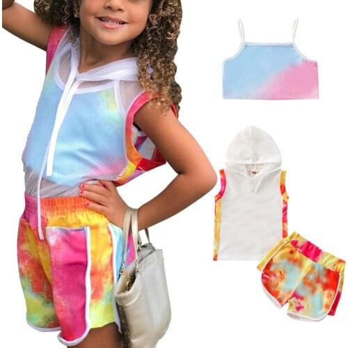 3 Pieces Kids Suit Set, 2021 New Fashion Summer Tie-Dyed Sleeveless Hooded Coat+ Spaghetti Strap Vest+ Shorts, 1-6 Years