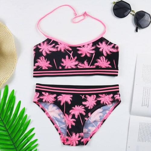 Palm Tree Girl Swimsuit Kids Crop Top Girl Bikini Set Teenage Two Piece Childrens Swimwear Padded Girls Bathing Suit Beachwear