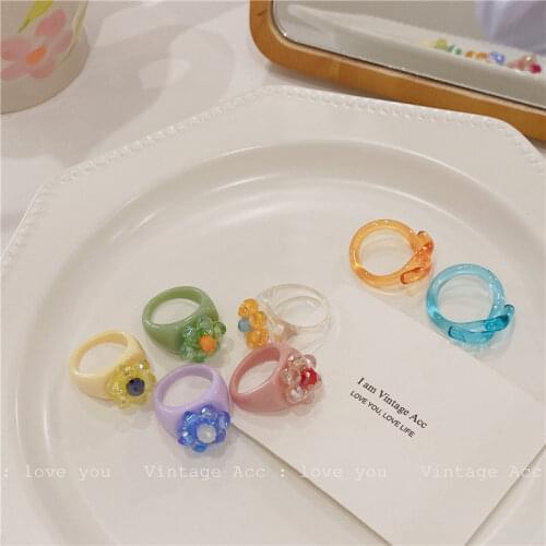 Chunky Ring Colorful Acrylic Floral Funky Indie Finger Rings for Women Girl Travel Summer Jewelry Korean Aestheti Jewelry