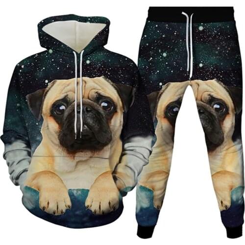 Men Casual Animal Black Husky Shar Pei Bulldog Pug Print Clothes Women Outfits Birthday Party Anime Hoodies+Pant Teen Tracksuit