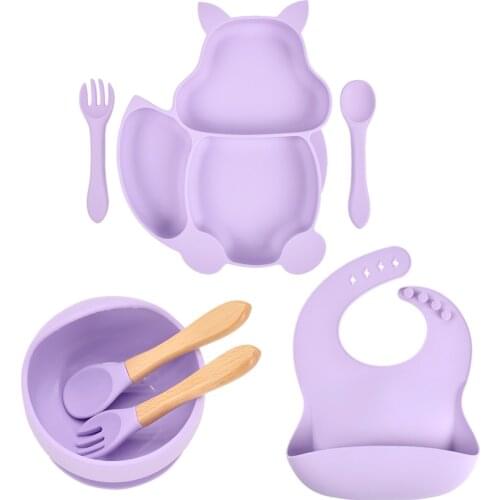 7Pcs Baby Free BPA Non-Slip Plate Set With Sucker Solid Colour Waterproof Portable Feeding Fork Spoon Kids Food Tableware Set