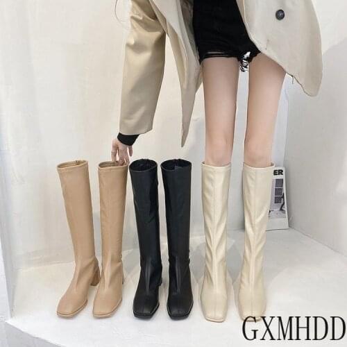 2020 New Winter Style with Fleece Medium Chunky Heel Knight Boots Womens High Tube Thinner-looked High Heel Shorty Long Boots